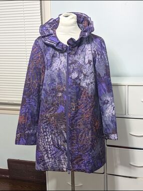 Samuel Dong Purple Ruffle-Collar Trench Textured Coat with Metallic Accents